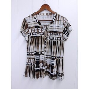 Dana Buchman Women's Brown Geometric Print Short Sleeve Blouse Top Size L /#1088